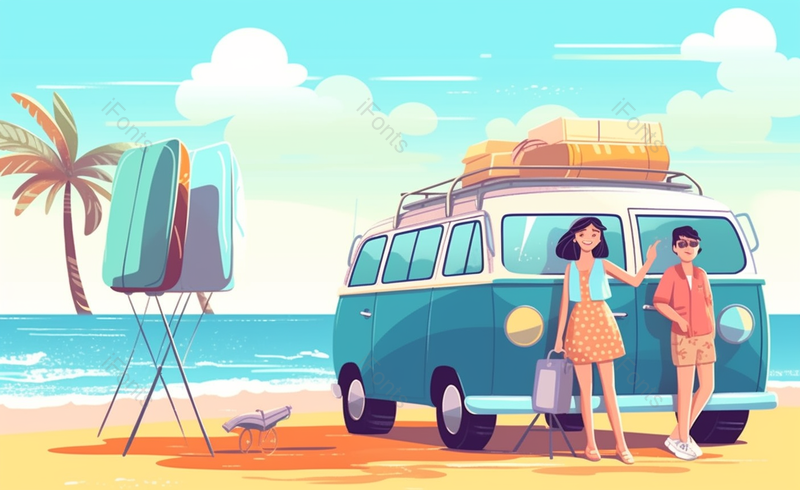 清新夏日旅行的情侣旅游插画,插画/手绘图,插画/手绘图库,插画/手绘图下载,插画/手绘